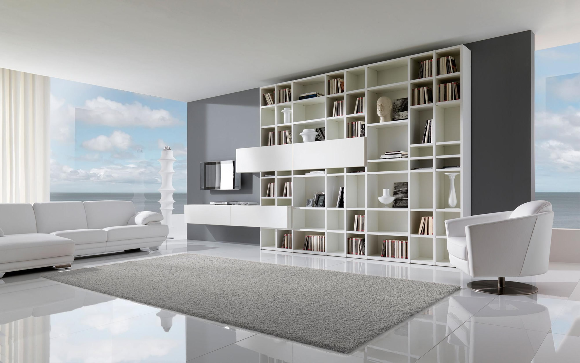 white tile living room floors